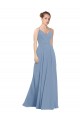 Comprar Azul polvoriento línea A Cuello en V Gasa Largo Vestidos de dama de honor