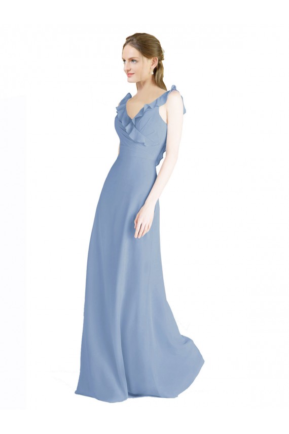 Comprar Azul polvoriento línea A Cuello en V Gasa Largo Vestidos de dama de honor