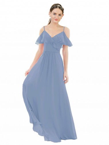 Comprar Azul polvoriento línea A Cuello en V Gasa Largo Vestidos de dama de honor