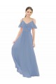Comprar Azul polvoriento línea A Cuello en V Gasa Largo Vestidos de dama de honor