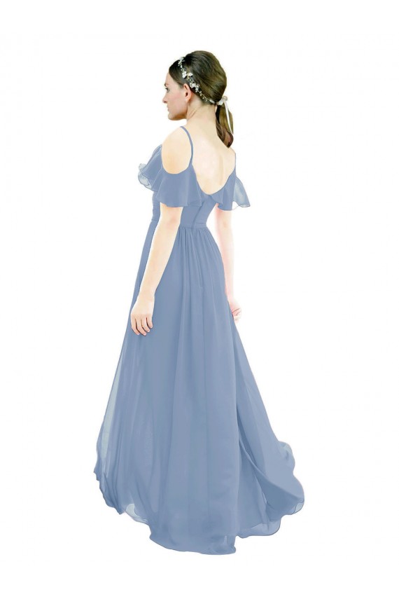 Comprar Azul polvoriento línea A Cuello en V Gasa Largo Vestidos de dama de honor