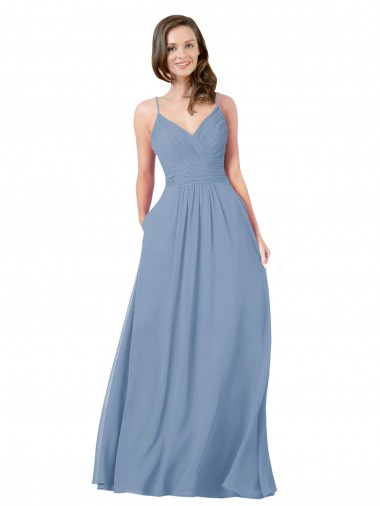 Comprar Azul polvoriento línea A Cuello en V Gasa Largo Vestidos de dama de honor