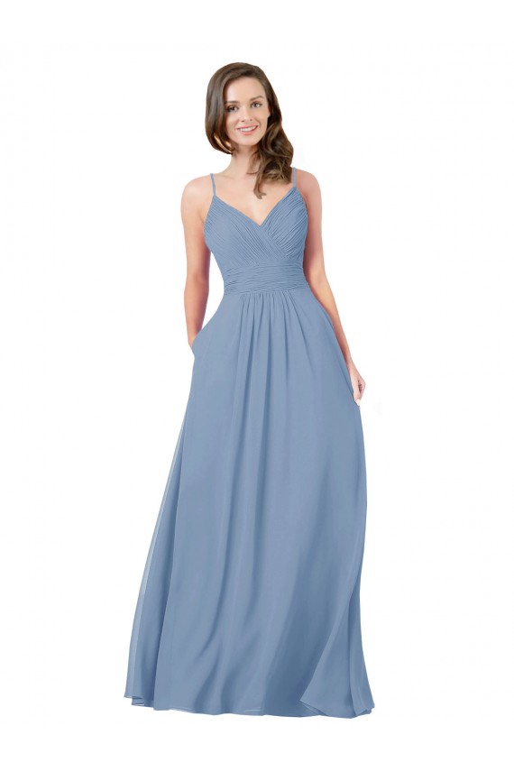 Comprar Azul polvoriento línea A Cuello en V Gasa Largo Vestidos de dama de honor