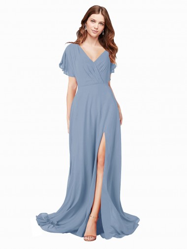 Comprar Azul polvoriento línea A Cuello en V Gasa Largo Vestidos de dama de honor / Vestidos de fiesta