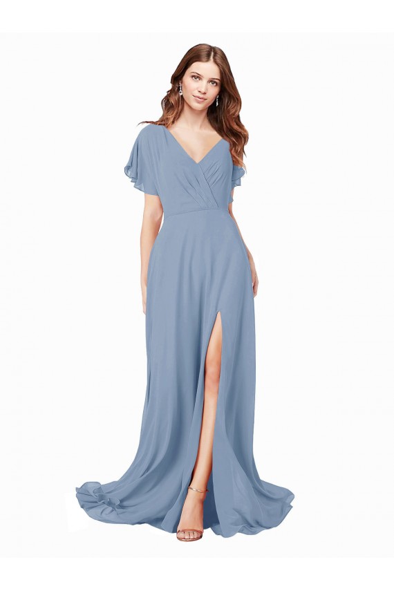 Comprar Azul polvoriento línea A Cuello en V Gasa Largo Vestidos de dama de honor / Vestidos de fiesta