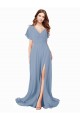 Comprar Azul polvoriento línea A Cuello en V Gasa Largo Vestidos de dama de honor / Vestidos de fiesta