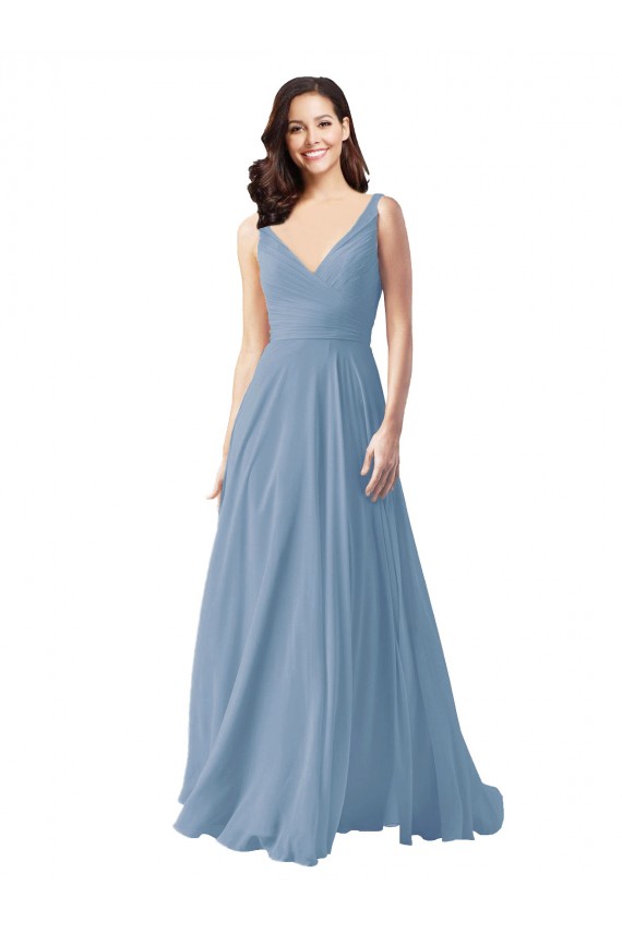 Comprar Azul polvoriento línea A Cuello en V Gasa Largo Vestidos de dama de honor