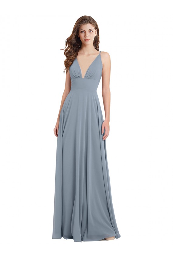 Comprar Azul polvoriento línea A Cuello en V Gasa Largo Vestidos de dama de honor