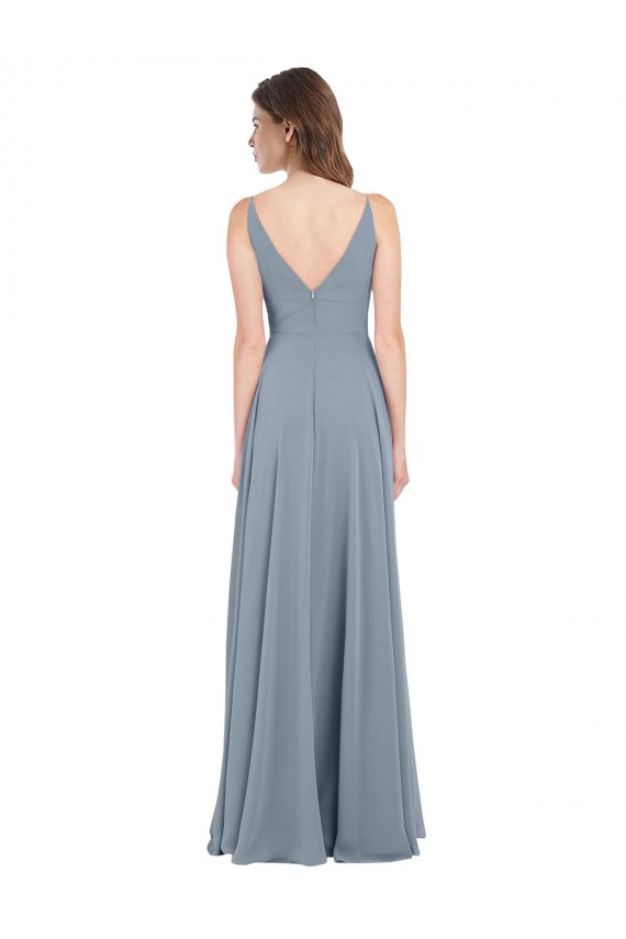 Comprar Azul polvoriento línea A Cuello en V Gasa Largo Vestidos de dama de honor