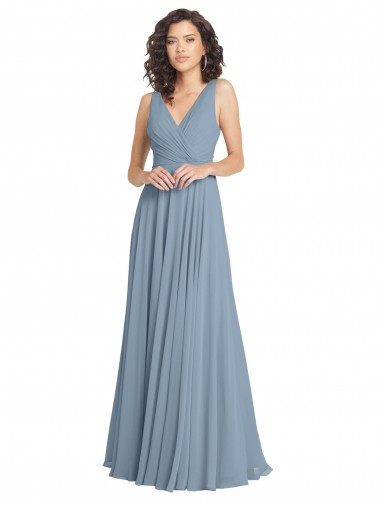 Comprar Azul polvoriento línea A Cuello en V Gasa Largo Vestidos de dama de honor