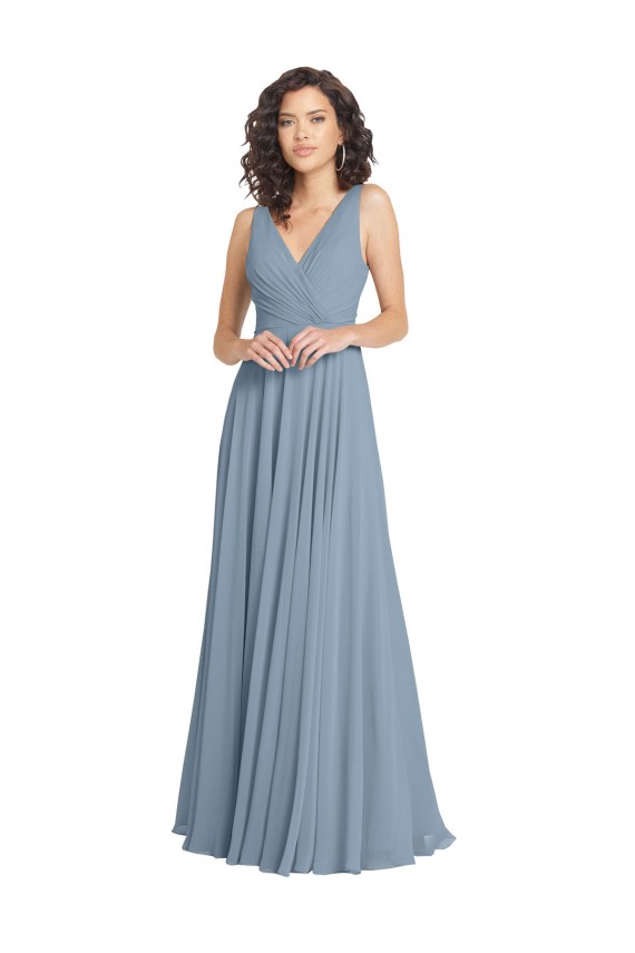 Comprar Azul polvoriento línea A Cuello en V Gasa Largo Vestidos de dama de honor