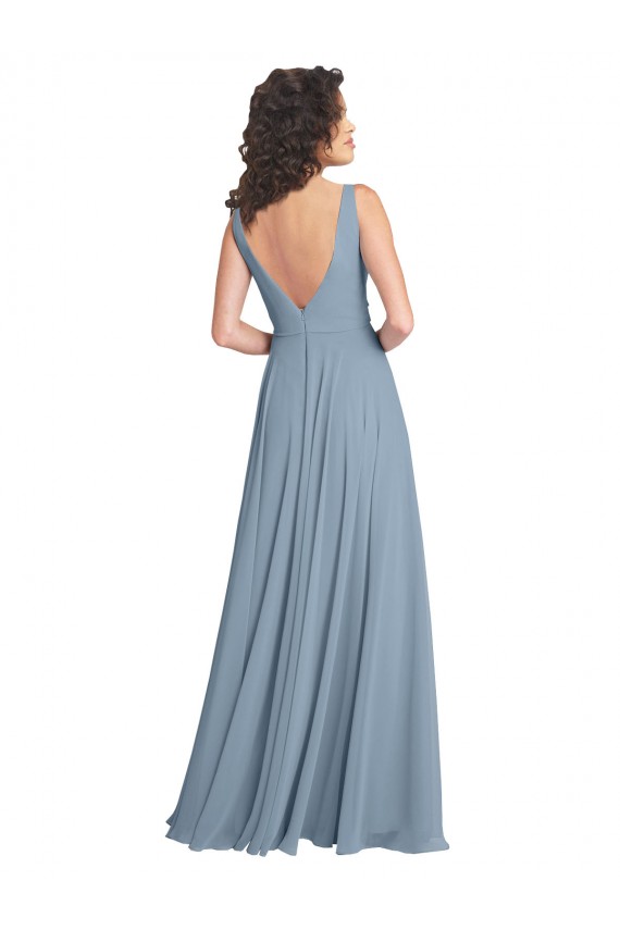 Comprar Azul polvoriento línea A Cuello en V Gasa Largo Vestidos de dama de honor
