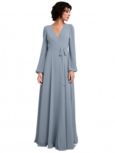 Comprar Azul polvoriento línea A Cuello en V Gasa Largo Vestidos de dama de honor
