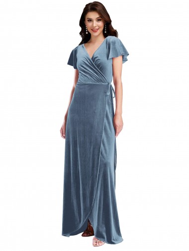 Comprar Azul polvoriento línea A Cuello en V Terciopelo Elástico Largo Vestidos de dama de honor / Vestidos de fiesta