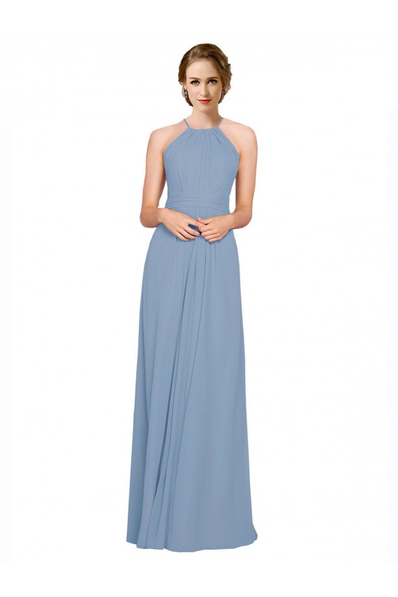 Comprar Azul polvoriento línea A Halter Cuello Alto Gasa Largo Vestidos de dama de honor