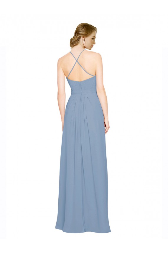 Comprar Azul polvoriento línea A Halter Cuello Alto Gasa Largo Vestidos de dama de honor