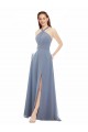 Comprar Azul polvoriento línea A Halter Cuello Alto Gasa Largo Vestidos de dama de honor