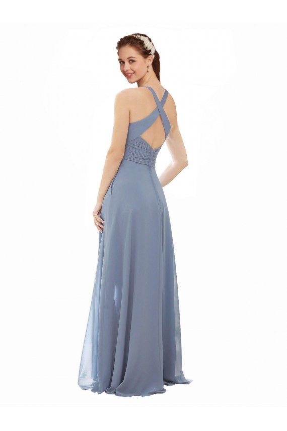 Comprar Azul polvoriento línea A Halter Cuello Alto Gasa Largo Vestidos de dama de honor