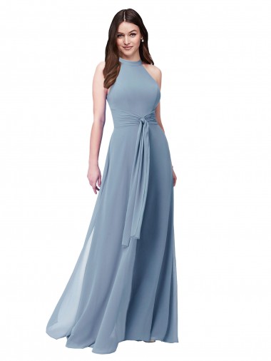 Comprar Azul polvoriento línea A Halter Cuello Alto Gasa Largo Vestidos de dama de honor