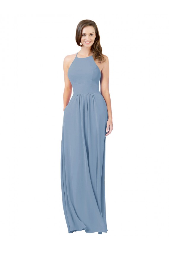 Comprar Azul polvoriento línea A Halter Gasa Largo Vestidos de dama de honor
