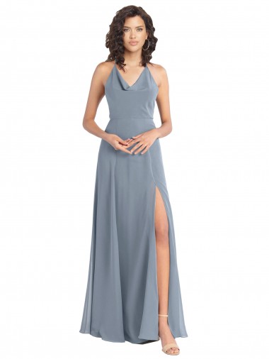 Comprar Azul polvoriento línea A Halter Gasa Largo Vestidos de dama de honor