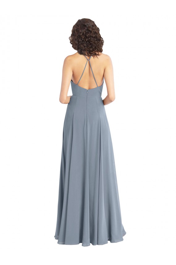 Comprar Azul polvoriento línea A Halter Gasa Largo Vestidos de dama de honor