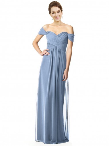 Comprar Azul polvoriento línea A Hombros Descubiertos Gasa Largo Vestidos de dama de honor