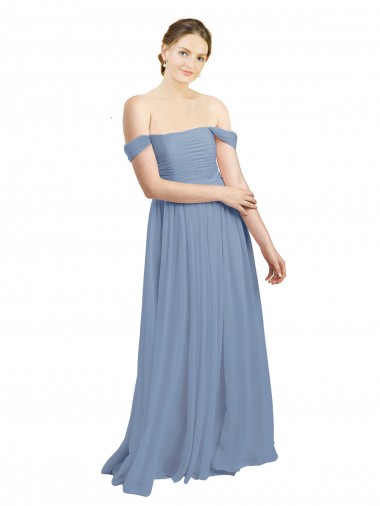 Comprar Azul polvoriento línea A Hombros Descubiertos Gasa Largo Vestidos de dama de honor