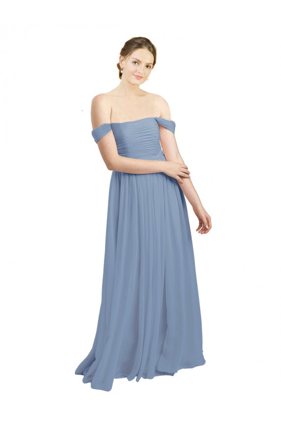 Comprar Azul polvoriento línea A Hombros Descubiertos Gasa Largo Vestidos de dama de honor