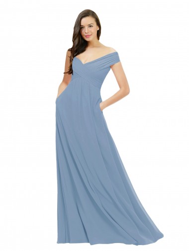Comprar Azul polvoriento línea A Hombros Descubiertos Gasa Largo Vestidos de dama de honor
