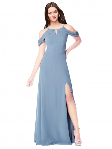 Comprar Azul polvoriento línea A Hombros Descubiertos Gasa Largo Vestidos de dama de honor