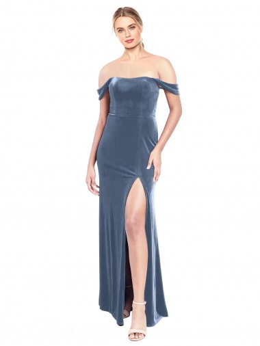 Comprar Azul polvoriento línea A Hombros Descubiertos Sin tirantes Terciopelo Elástico Largo Vestidos de dama de honor / Vestidos de fiesta