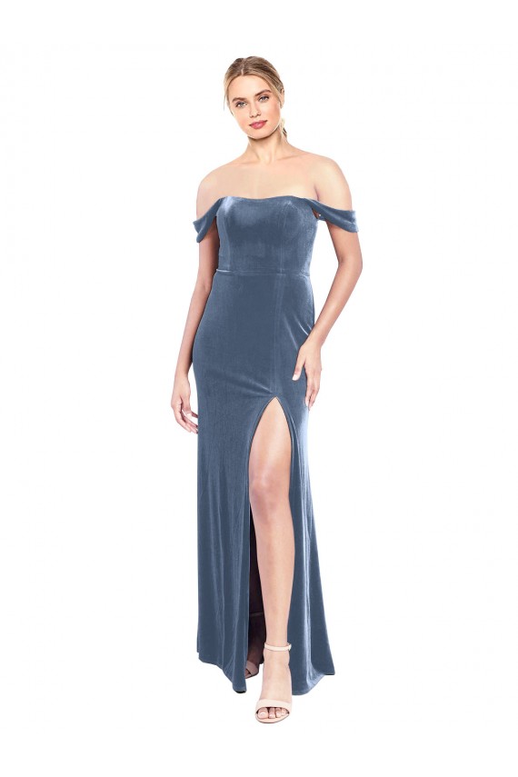 Comprar Azul polvoriento línea A Hombros Descubiertos Sin tirantes Terciopelo Elástico Largo Vestidos de dama de honor / Vestidos de fiesta