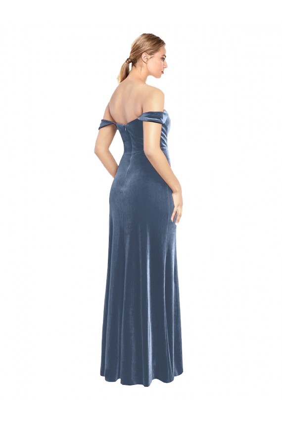 Comprar Azul polvoriento línea A Hombros Descubiertos Sin tirantes Terciopelo Elástico Largo Vestidos de dama de honor / Vestidos de fiesta