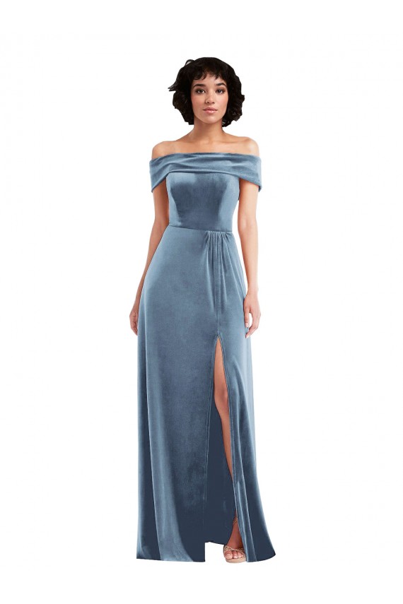 Comprar Azul polvoriento línea A Hombros Descubiertos Terciopelo Elástico Largo Vestidos de dama de honor / Vestidos de fiesta