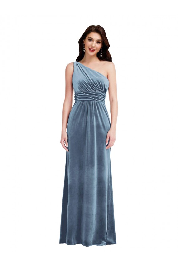 Comprar Azul polvoriento línea A Hombros Descubiertos Terciopelo Elástico Largo Vestidos de dama de honor / Vestidos de fiesta