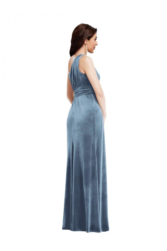 Comprar Azul polvoriento línea A Hombros Descubiertos Terciopelo Elástico Largo Vestidos de dama de honor / Vestidos de fiesta