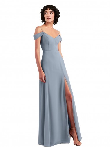 Comprar Azul polvoriento línea A Hombros Descubiertos Tirantes espagueti Gasa Largo Vestidos de dama de honor