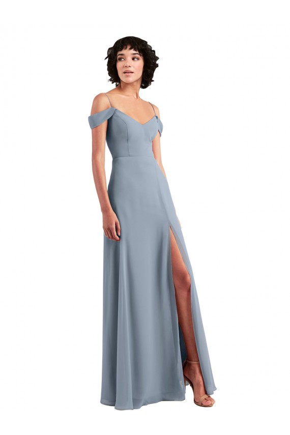 Comprar Azul polvoriento línea A Hombros Descubiertos Tirantes espagueti Gasa Largo Vestidos de dama de honor