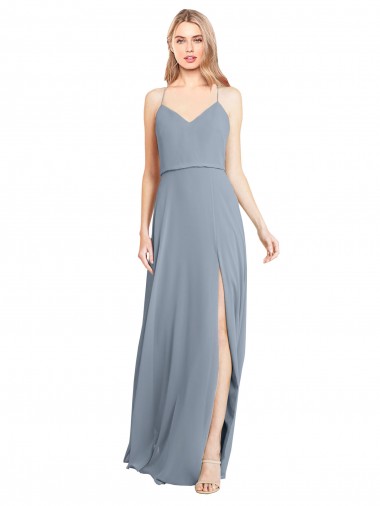 Comprar Azul polvoriento línea A Hombros Descubiertos Tirantes espagueti Gasa Largo Vestidos de dama de honor