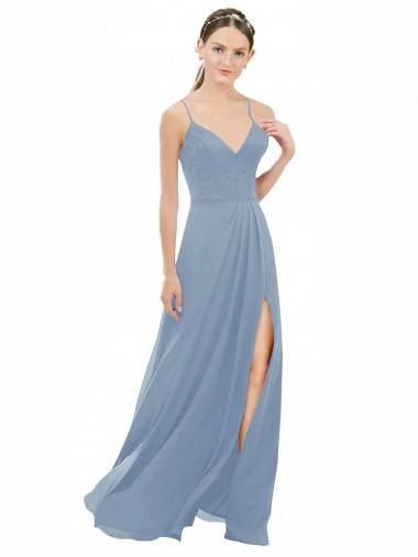 Comprar Azul polvoriento línea A Tirantes espagueti Cuello en V Gasa Encaje Largo Vestidos de dama de honor