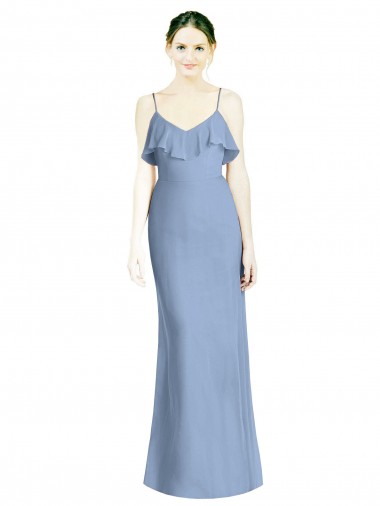 Comprar Azul polvoriento línea A Tirantes espagueti Cuello en V Gasa Largo Vestidos de dama de honor