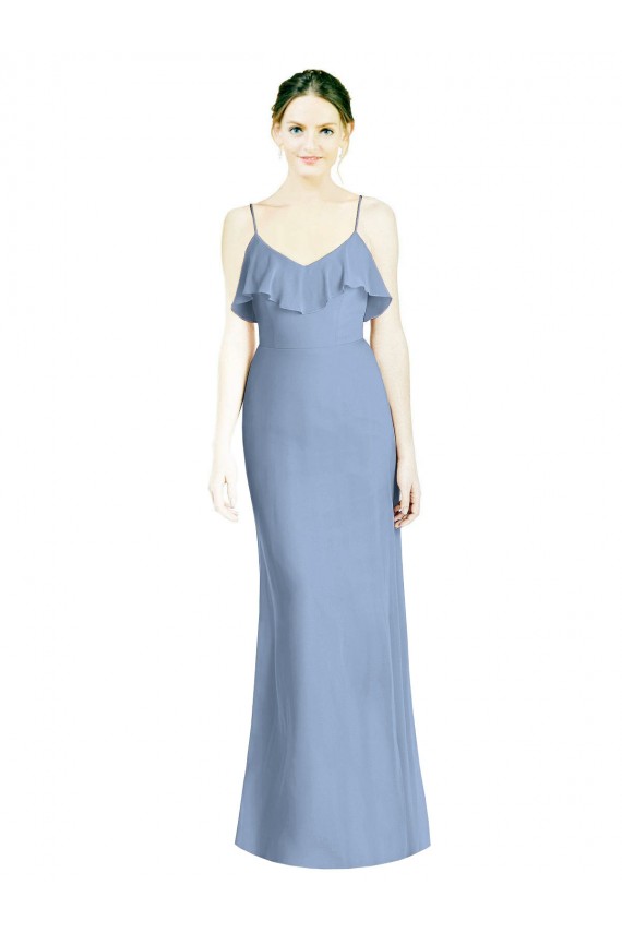 Comprar Azul polvoriento línea A Tirantes espagueti Cuello en V Gasa Largo Vestidos de dama de honor