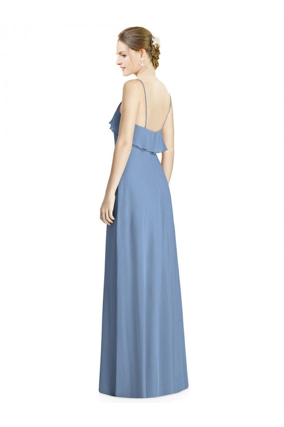 Comprar Azul polvoriento línea A Tirantes espagueti Cuello en V Gasa Largo Vestidos de dama de honor