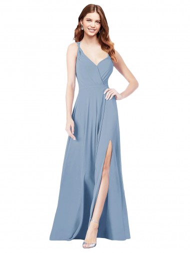 Comprar Azul polvoriento línea A Tirantes espagueti Cuello en V Gasa Largo Vestidos de dama de honor