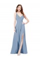 Comprar Azul polvoriento línea A Tirantes espagueti Cuello en V Gasa Largo Vestidos de dama de honor