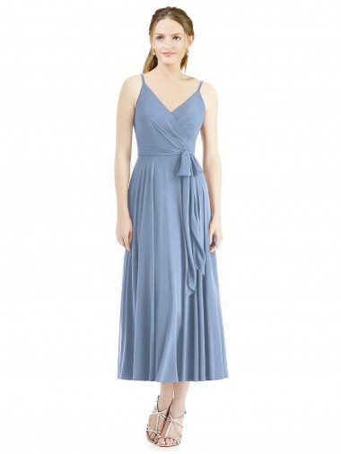 Comprar Azul polvoriento línea A Tirantes espagueti Gasa Corto Vestidos de dama de honor