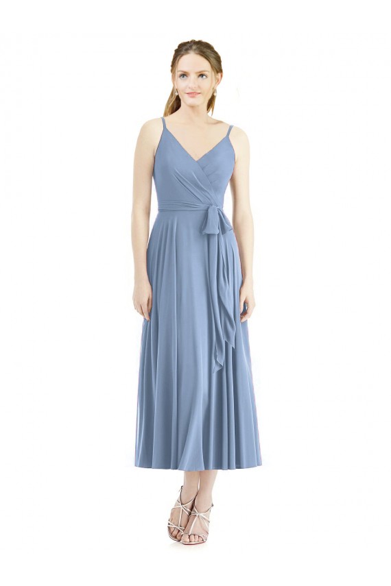 Comprar Azul polvoriento línea A Tirantes espagueti Gasa Corto Vestidos de dama de honor