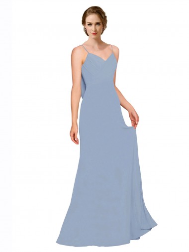 Comprar Azul polvoriento línea A Tirantes espagueti Gasa Largo Vestidos de dama de honor