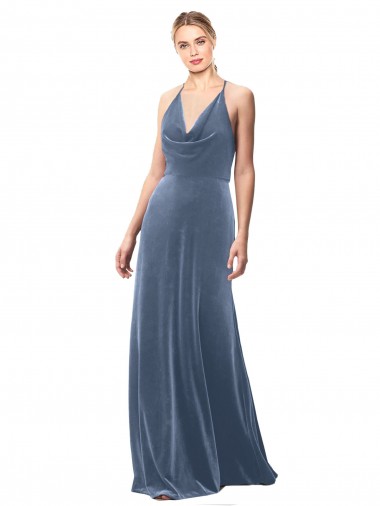 Comprar Azul polvoriento línea A Tirantes espagueti Halter Terciopelo Elástico Largo Vestidos de dama de honor / Vestidos de fiesta